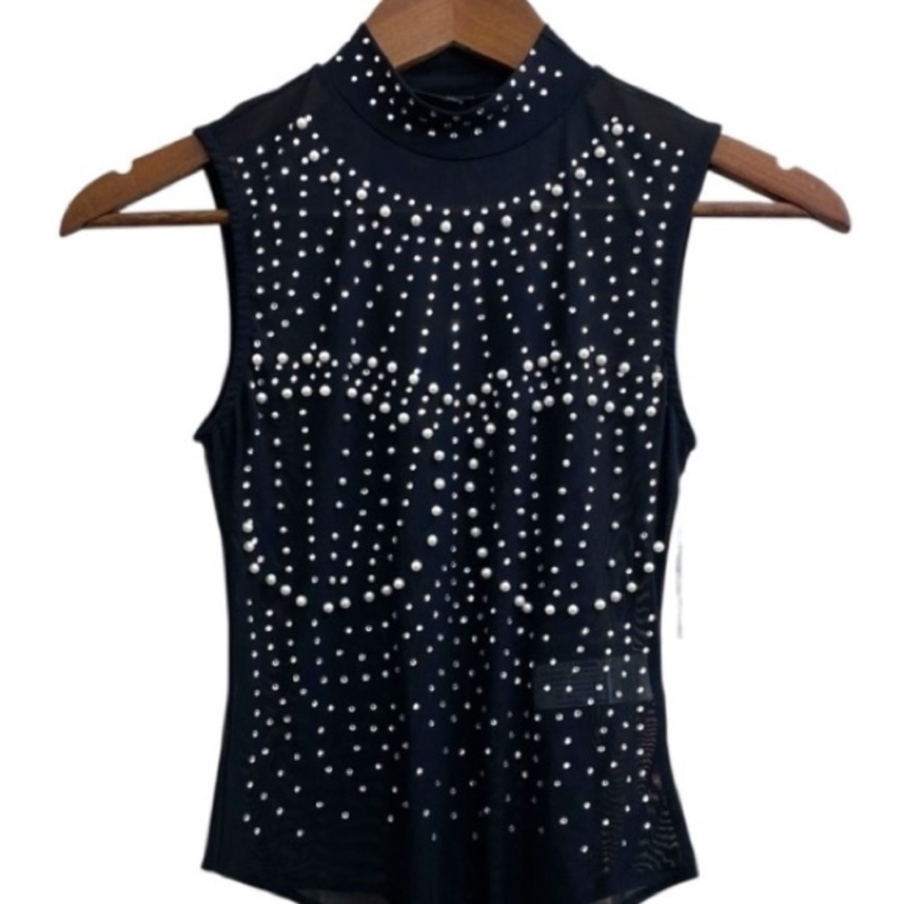 Blashe Bodysuit Womens Size Small Black Sheer Rhinestones Unitard Thong NWT
